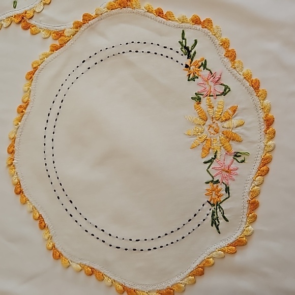 Hand Crafted Needlepoint Doily Circular Set-5 Botanical yellow floral farmhouse - Picture 11 of 17